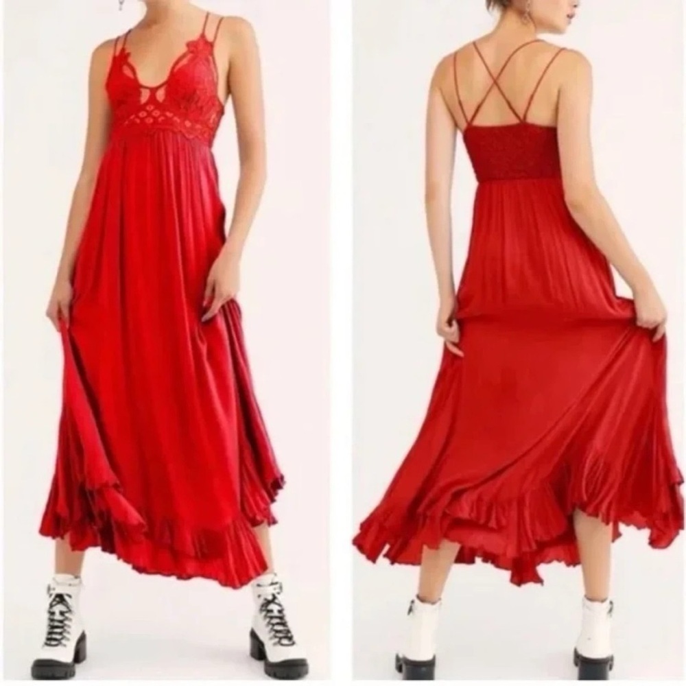 Free People Adella Slip Crochet Lace Maxi Dress Smocked XS Bright Red $128 Boho